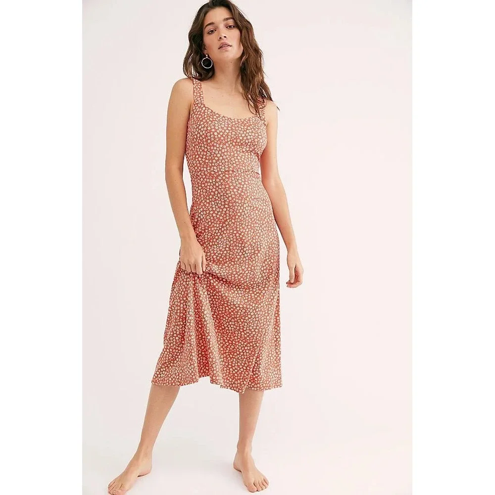 Free People Midi Dress Lorelei Printed Sleeveless Floral Ditsy Orange Medium